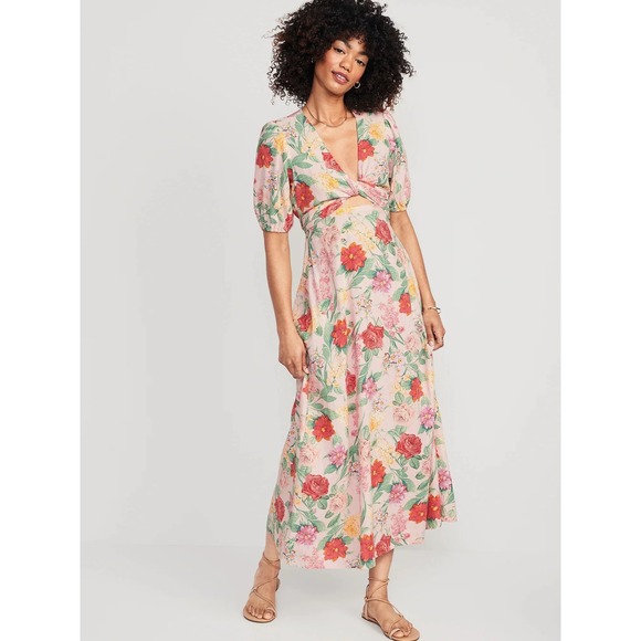 Old Navy Twist Fit and Flare Linen Blend Multi Floral Maxi Dress Medium Tropical - Picture 1 of 13